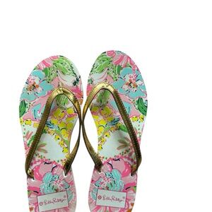 Lilly Pulitzer Tropical Pink Floral Flip Flops with Gold Straps